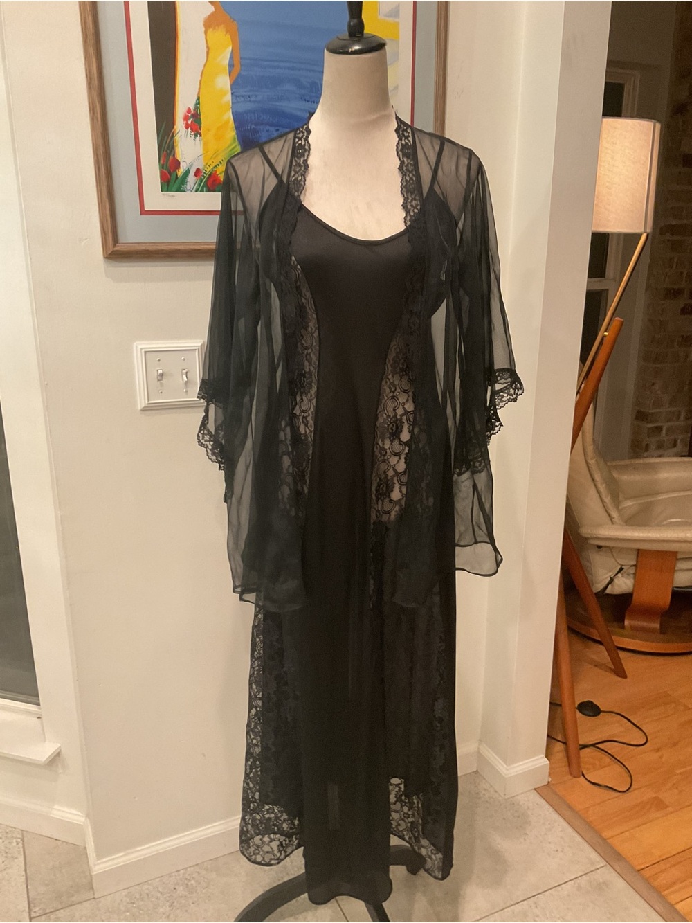 jcpenney Black Sheer Lace-Trim Long Robe and Slip Set